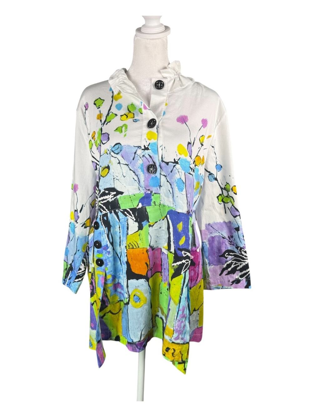 Simply Art by Dolcezza XL Tunic Popover Top White Floral Art to Wear Boho